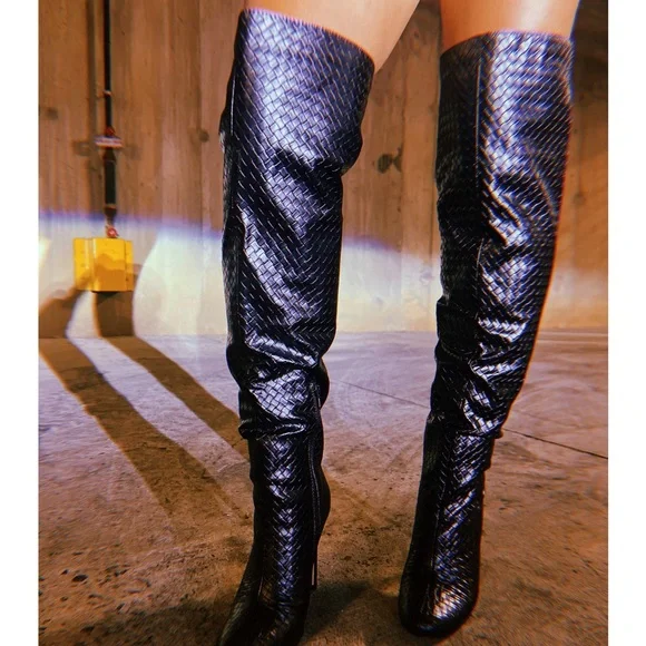 Black thigh high boot with woven detailed vegan leather. - Picture 3 of 6